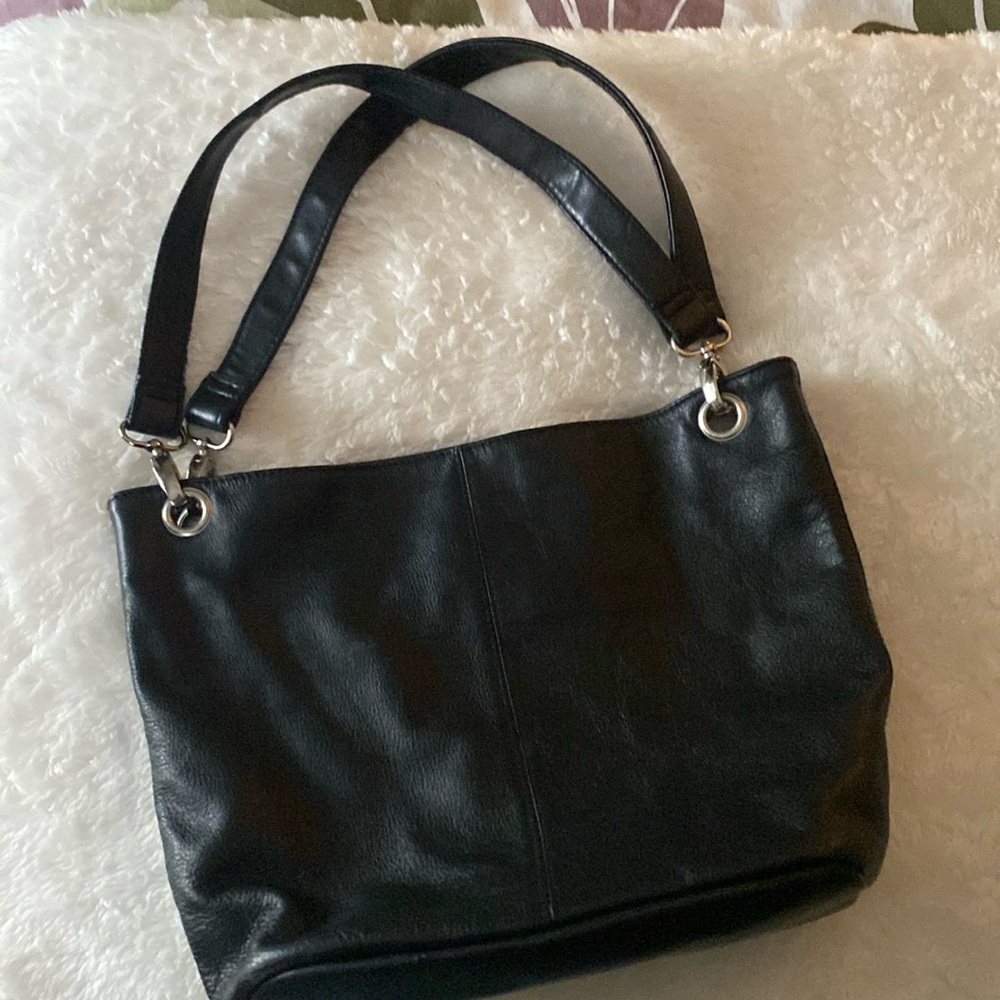 Gently used black leather handbag with silver accents